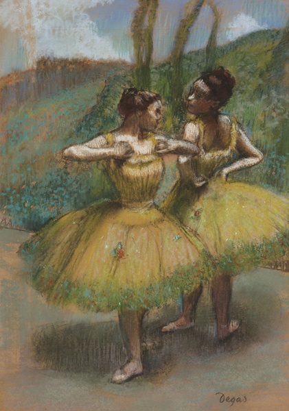 Edgar Degas : Edgar Degas Jupes jaunes (Deux danseuses en jaune), ca. 1896 Pastel and charcoal on joined paper 60,2 x 42,4 cmPrivate Collection